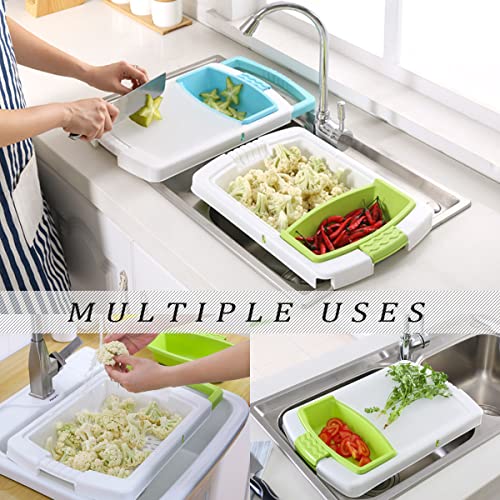 RUILOGOD 3 in 1 Kitchen Multifunction Sink Strainer Plastic Cutting Board Storage Basket, Over the Sink Chopping Board with Containers Retractable Drain Basket for Cutting Washing Draining (Gray)