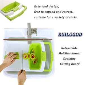 RUILOGOD 3 in 1 Kitchen Multifunction Sink Strainer Plastic Cutting Board Storage Basket, Over the Sink Chopping Board with Containers Retractable Drain Basket for Cutting Washing Draining (Gray)