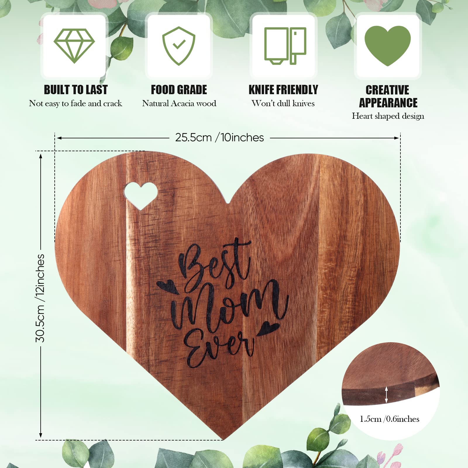 Sintuff Heart Shaped Cutting Board Personalized Cutting Board for Mom Birthday Gifts Acacia Wood Bread Board Cheese Serving Platter Serving Charcuterie Board for Kitchen, 12 x 10 x 0.6 Inch