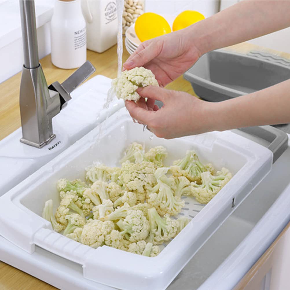 FOCCTS Multi-function Kitchen Cutting Board, Over the Sink Cutting Board with Strainer/ Colander, 3 in 1 Plastic Cutting Chopping Board with Drain Basket for Easier to Cut,Rinse,Hold and Drain Food