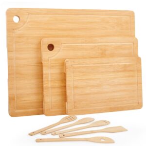 bamboo cutting board set with juice groove (3 pieces), wooden cutting boards with hole for kitchen, chopping boards with bamboo utensils for meat, vegetables, cheese and fruits