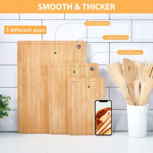 Bamboo Cutting Board Set with Juice Groove (3 Pieces), Wooden Cutting Boards with Hole for Kitchen, Chopping Boards with Bamboo Utensils for Meat, Vegetables, Cheese and Fruits