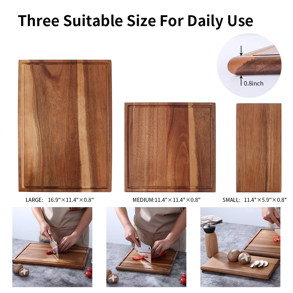 GinSent Cutting Boards,Premium Acacia Wood Cutting Board Set of 3,Wooden Cutting Boards for Kitchen Dishwasher Safe,3 Suitable Sizes Chopping Boards for Meat Vegetables Cheese and Bread