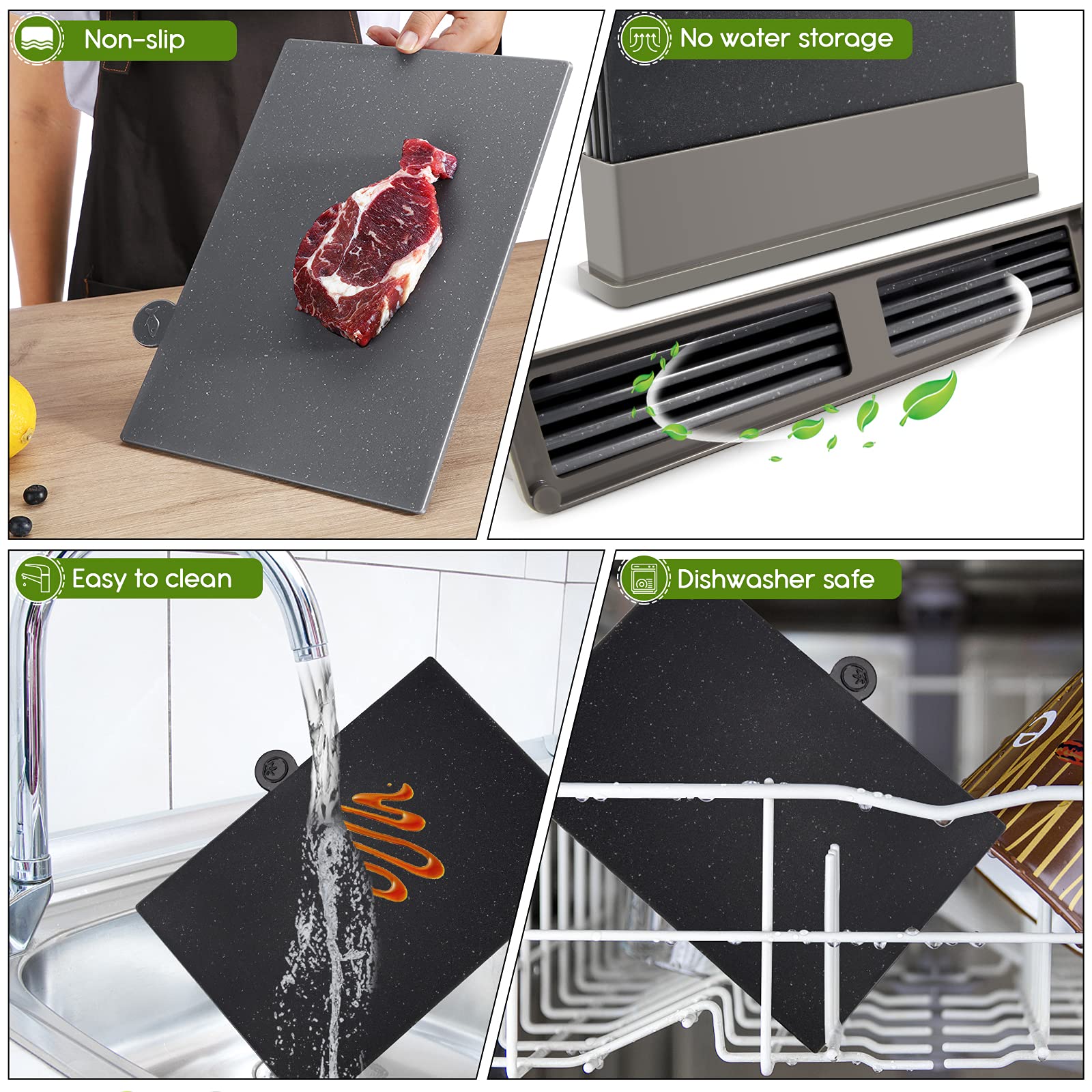 Index Cutting Board Set with Holder,Plastic Chopping Board Set of 4 with Draining Rack,Food Icon,Cutting Boards Dishwasher Safe,BPA Free,Easy to Storage for Kitchen,Send 1 Scissors(12.6" x 8.6")