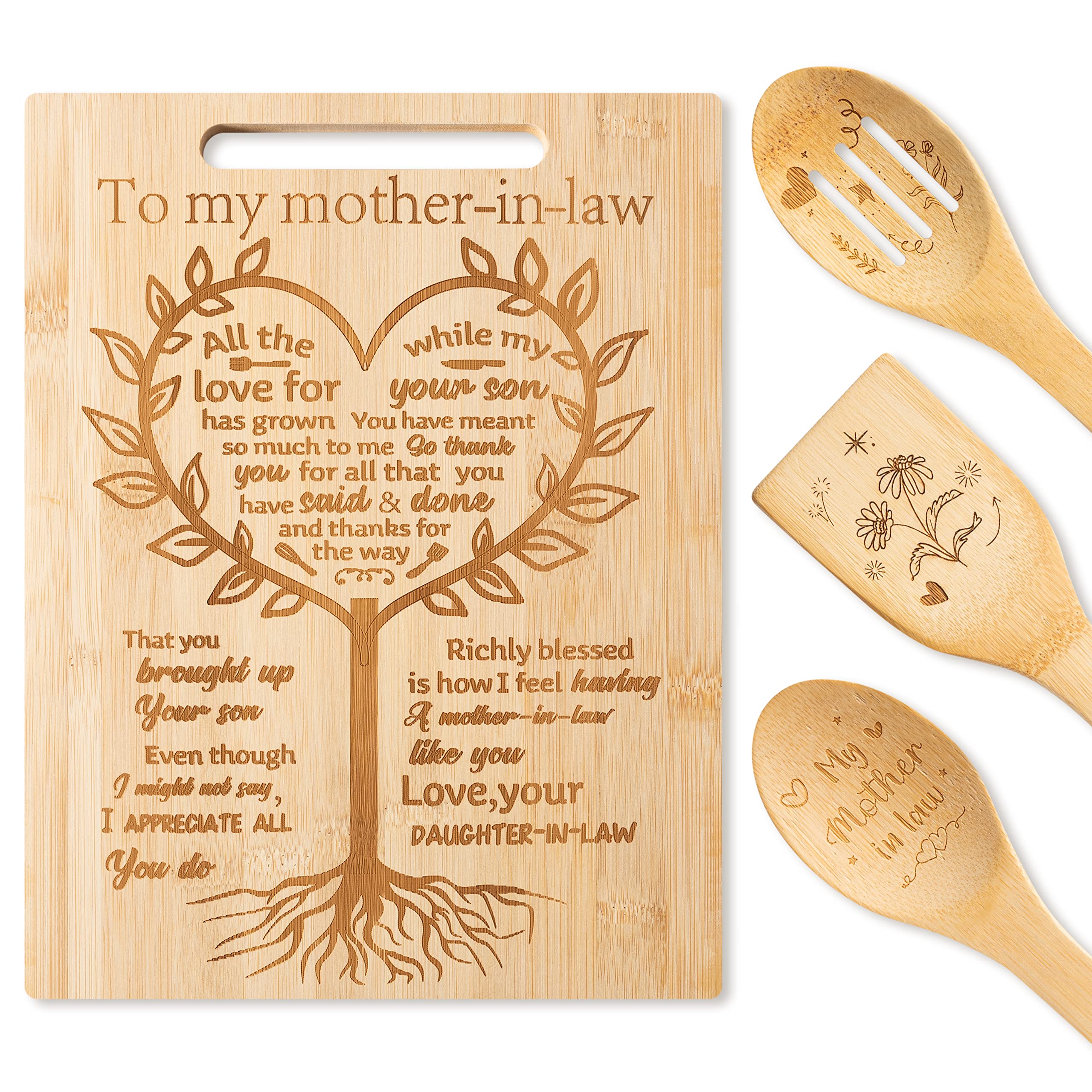 Luiqs Vens 4Pcs Mom Cutting Board with Utensils Gift, Mother’s Day Cutting Board To My Mother in Law Tree Heart Engraved Bamboo Board Mom Gift Mother’s Day Birthday Present from Daughter Son