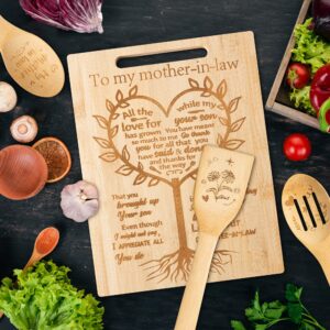 Luiqs Vens 4Pcs Mom Cutting Board with Utensils Gift, Mother’s Day Cutting Board To My Mother in Law Tree Heart Engraved Bamboo Board Mom Gift Mother’s Day Birthday Present from Daughter Son