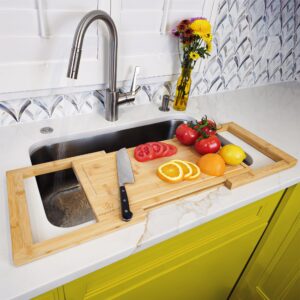 [2024 upgrade] kindled ivys expandable bamboo wooden over the sink cutting board - extra large xxl expands over kitchen sink to 33.5x11". natural bamboo, serving tray with juice groove