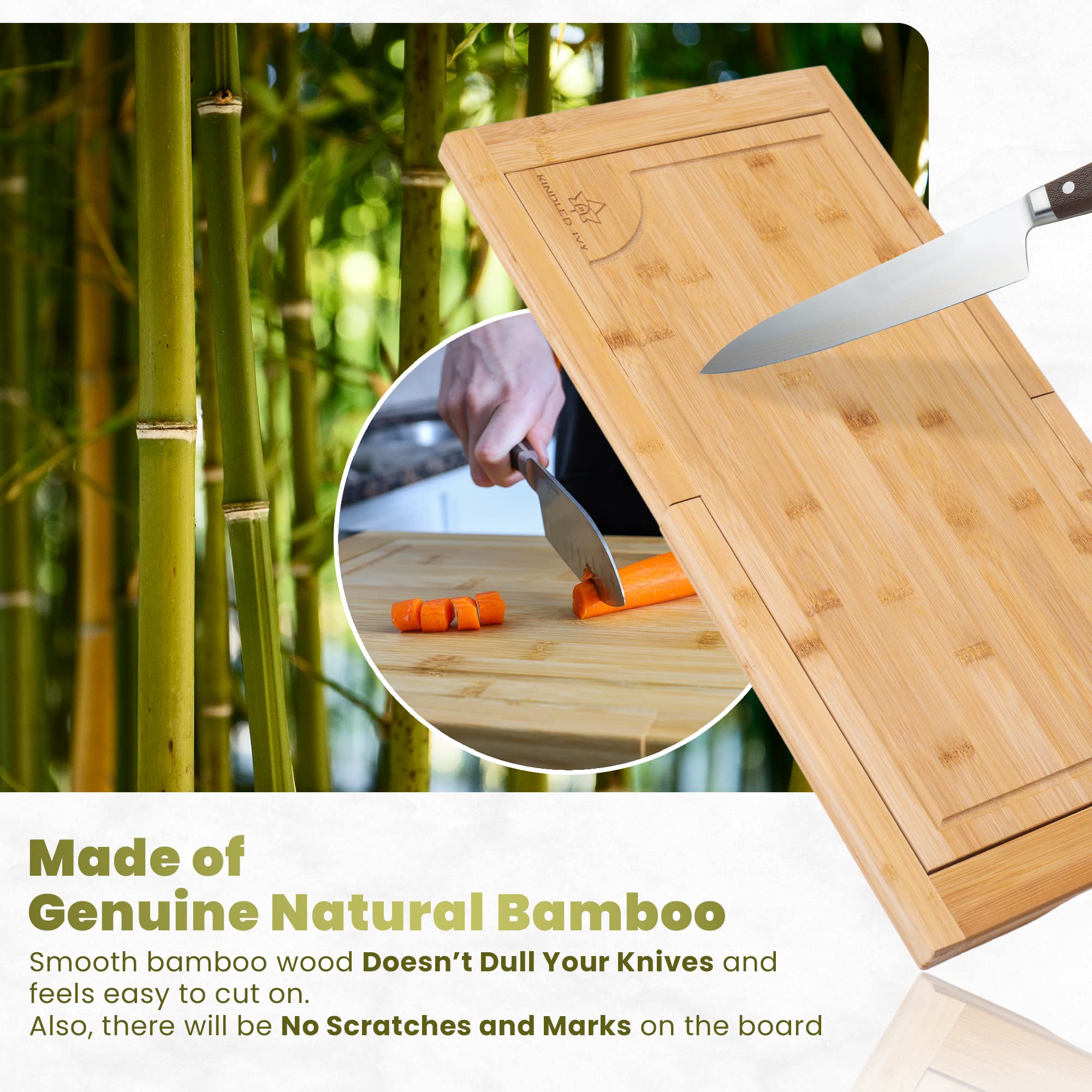 [2024 UPGRADE] Kindled Ivys Expandable Bamboo Wooden Over The Sink Cutting Board - Extra Large XXL Expands Over Kitchen Sink to 33.5x11". Natural Bamboo, Serving Tray with Juice Groove