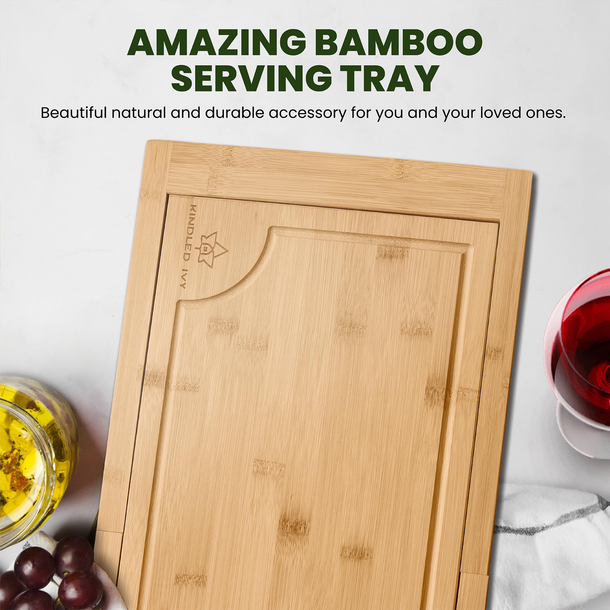 [2024 UPGRADE] Kindled Ivys Expandable Bamboo Wooden Over The Sink Cutting Board - Extra Large XXL Expands Over Kitchen Sink to 33.5x11". Natural Bamboo, Serving Tray with Juice Groove