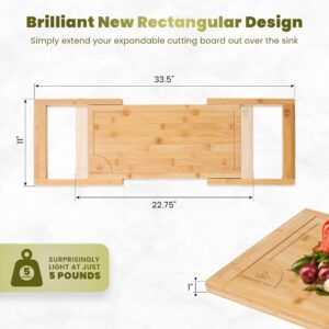 [2024 UPGRADE] Kindled Ivys Expandable Bamboo Wooden Over The Sink Cutting Board - Extra Large XXL Expands Over Kitchen Sink to 33.5x11". Natural Bamboo, Serving Tray with Juice Groove