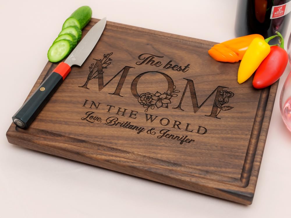 Personalized Cutting Board, Custom Mother's Day, Baby Shower or Birthday Gift Idea, Wood Engraved Charcuterie, for Parents and Grandmas, Floral Mom Design 110