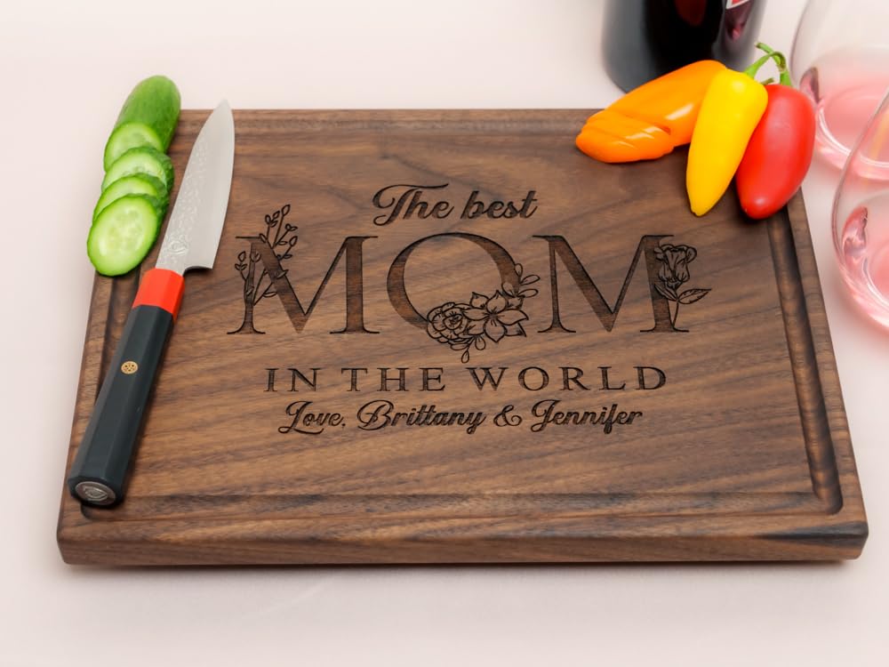 Personalized Cutting Board, Custom Mother's Day, Baby Shower or Birthday Gift Idea, Wood Engraved Charcuterie, for Parents and Grandmas, Floral Mom Design 110