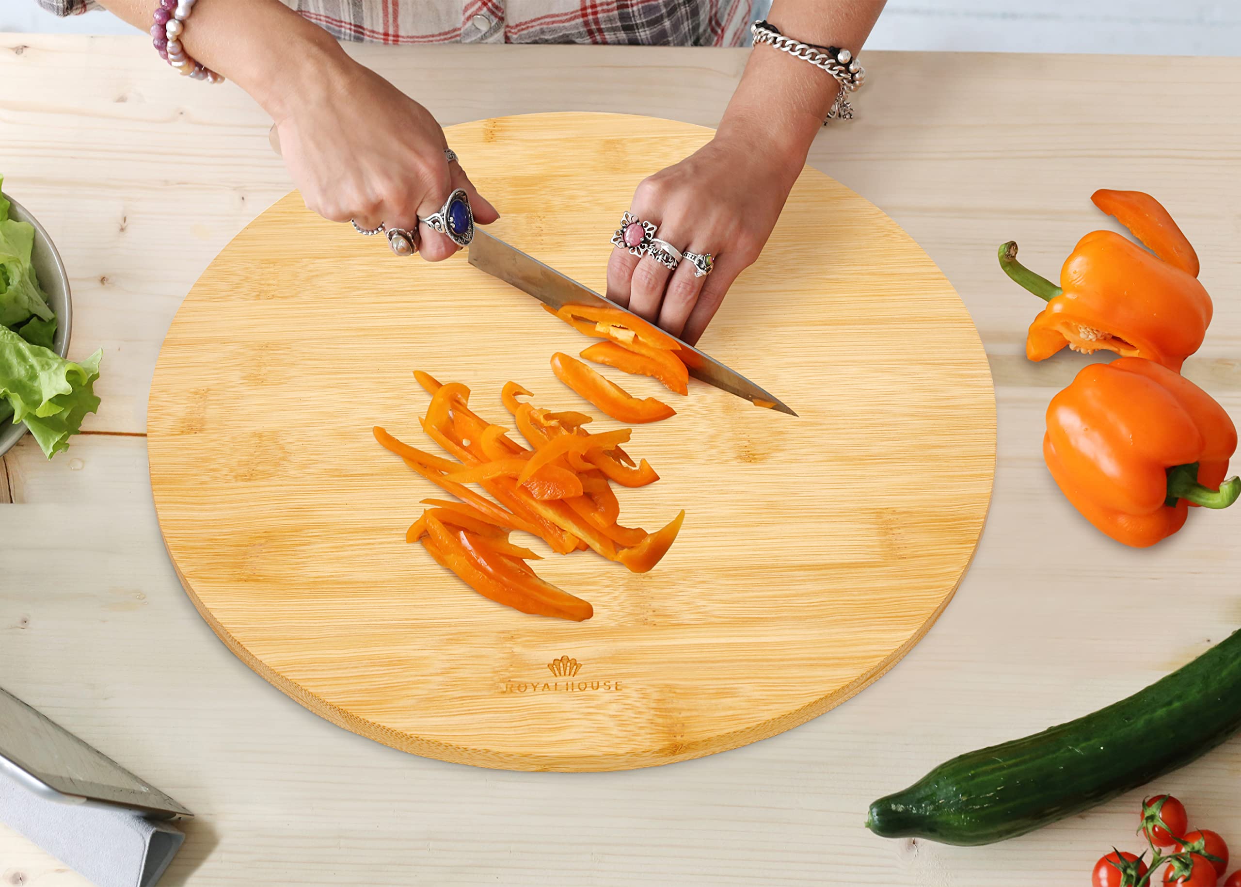 RoyalHouse Natural Bamboo Round Cutting Board for Kitchen, Chopping Boards for Meat & Vegetables, Cheese and Charcuterie Board, Serving Tray, 11.8" Round 0.6" Thick