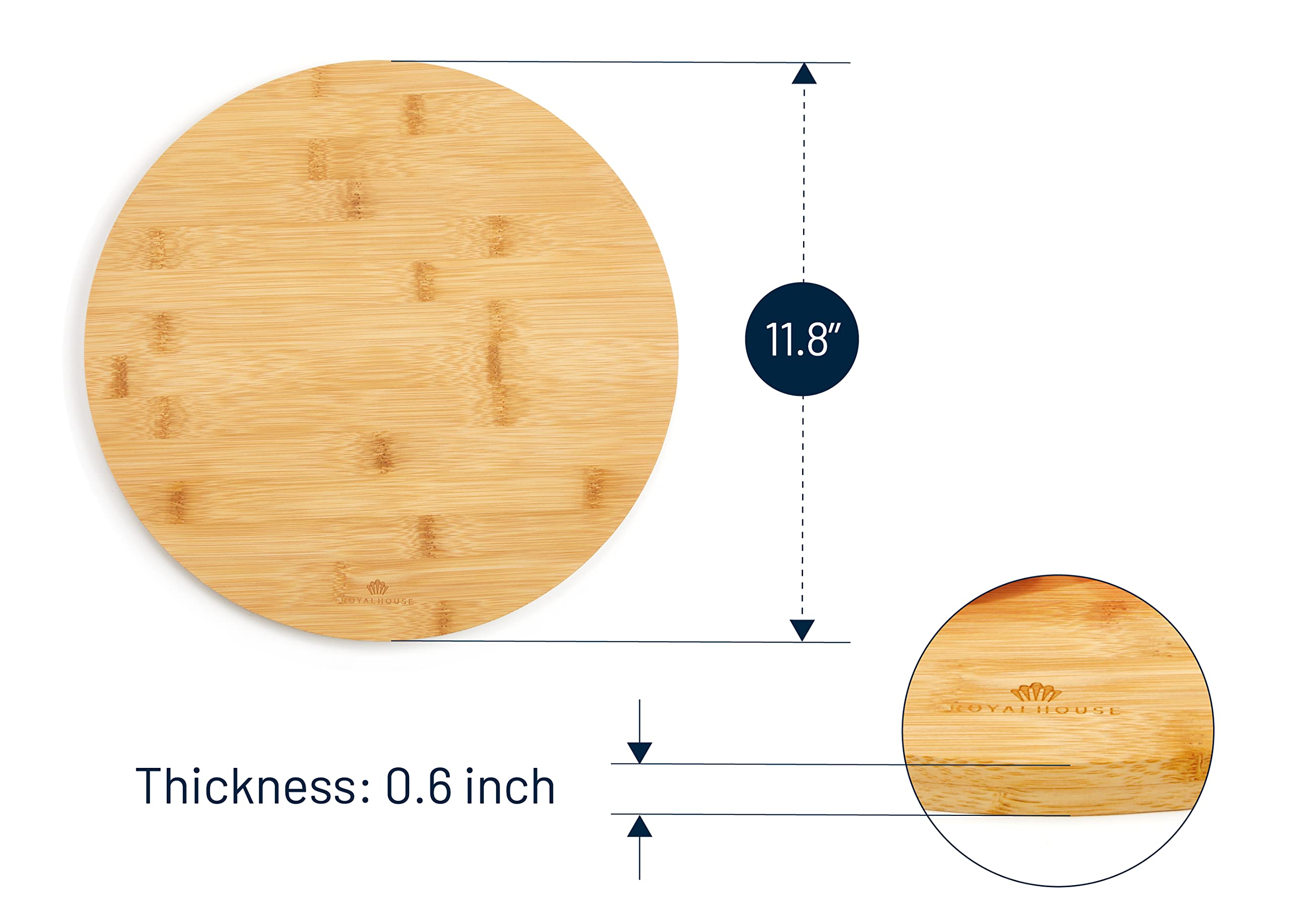 RoyalHouse Natural Bamboo Round Cutting Board for Kitchen, Chopping Boards for Meat & Vegetables, Cheese and Charcuterie Board, Serving Tray, 11.8" Round 0.6" Thick