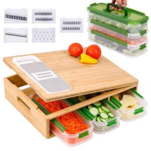 kitchen bamboo cutting board with containers & graters, large removable chopping board with juice grooves, easy-grip handles & food sliding opening, carving board with trays for food prep, storage