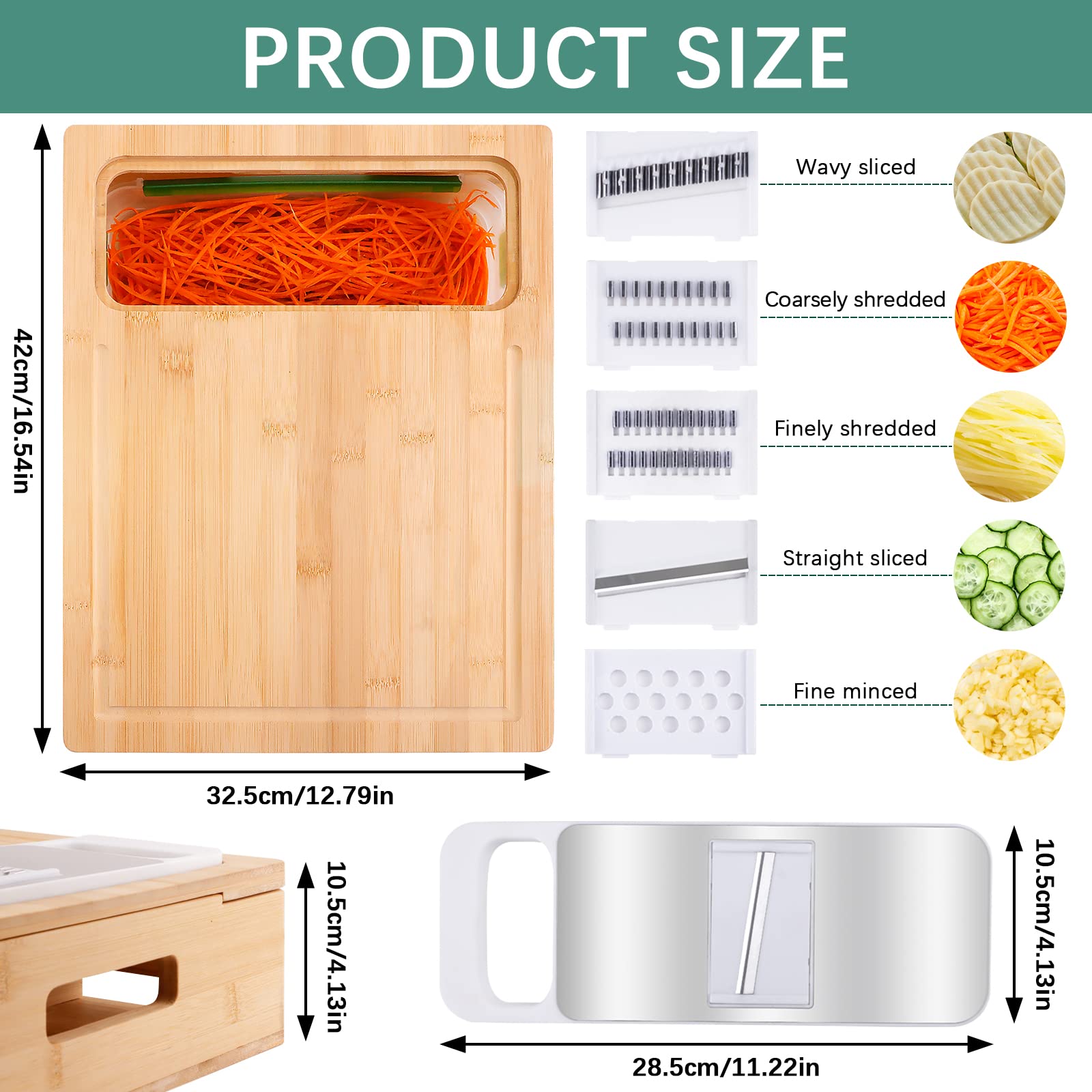 Kitchen Bamboo Cutting Board with Containers & Graters, Large Removable Chopping Board with Juice Grooves, Easy-grip Handles & Food Sliding Opening, Carving Board with Trays for Food Prep, Storage