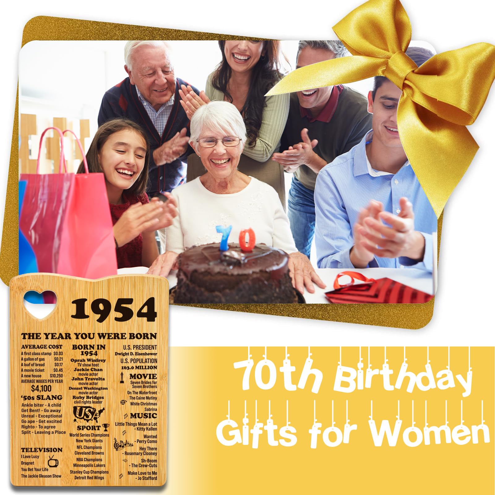BackURyear 70th Birthday Gifts for Women Men, 70th Birthday Presents for Her Him, 70 Years Old Birthday Decorations, Born in 1954- Turning Seventy, 70th Birthday Cutting Board Gifts