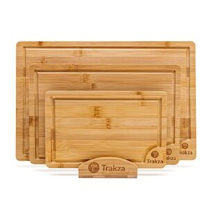trakza bamboo cutting board set - durable kitchen cutting boards for chopping fruit, meat, cheese, veggies - deep juice grooves, side handles, easy to use & clean - with storage holder - 9", 12", 15"
