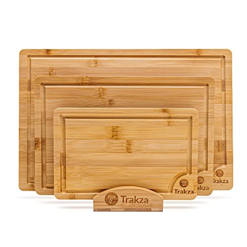 TRAKZA Bamboo Cutting Board Set - Durable Kitchen Cutting Boards For Chopping Fruit, Meat, Cheese, Veggies - Deep Juice Grooves, Side Handles, Easy To Use & Clean - With Storage Holder - 9", 12", 15"