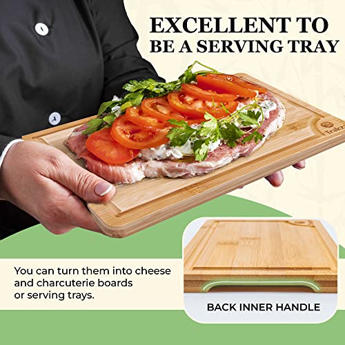 TRAKZA Bamboo Cutting Board Set - Durable Kitchen Cutting Boards For Chopping Fruit, Meat, Cheese, Veggies - Deep Juice Grooves, Side Handles, Easy To Use & Clean - With Storage Holder - 9", 12", 15"