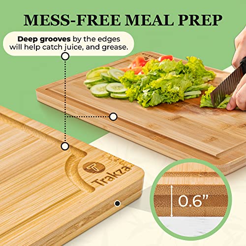 TRAKZA Bamboo Cutting Board Set - Durable Kitchen Cutting Boards For Chopping Fruit, Meat, Cheese, Veggies - Deep Juice Grooves, Side Handles, Easy To Use & Clean - With Storage Holder - 9", 12", 15"