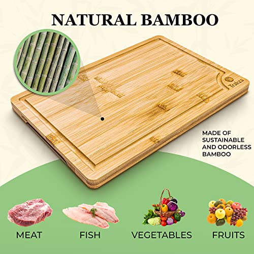 TRAKZA Bamboo Cutting Board Set - Durable Kitchen Cutting Boards For Chopping Fruit, Meat, Cheese, Veggies - Deep Juice Grooves, Side Handles, Easy To Use & Clean - With Storage Holder - 9", 12", 15"