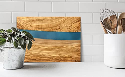 Handcrafted Italian Olive Wood Cheese & Charcuterie Board Set with Unique Blue Resin Artwork - Cutting Board Comes with 4 Cheese Knives, 2 Dipping Bowls & Corkscrew Wine Opener (Blue)