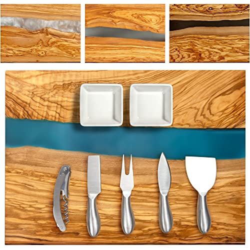 Handcrafted Italian Olive Wood Cheese & Charcuterie Board Set with Unique Blue Resin Artwork - Cutting Board Comes with 4 Cheese Knives, 2 Dipping Bowls & Corkscrew Wine Opener (Blue)