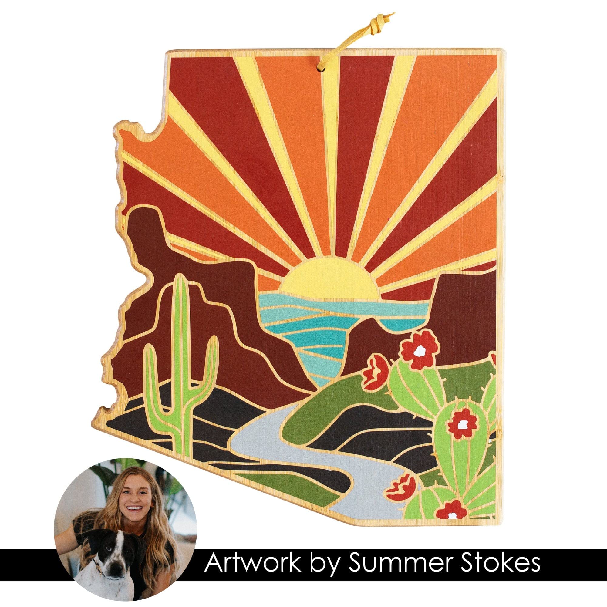 Totally Bamboo Arizona State Shaped Cutting Board and Charcuterie Serving Platter with Artwork by Summer Stokes, Includes Hang Tie for Wall Display