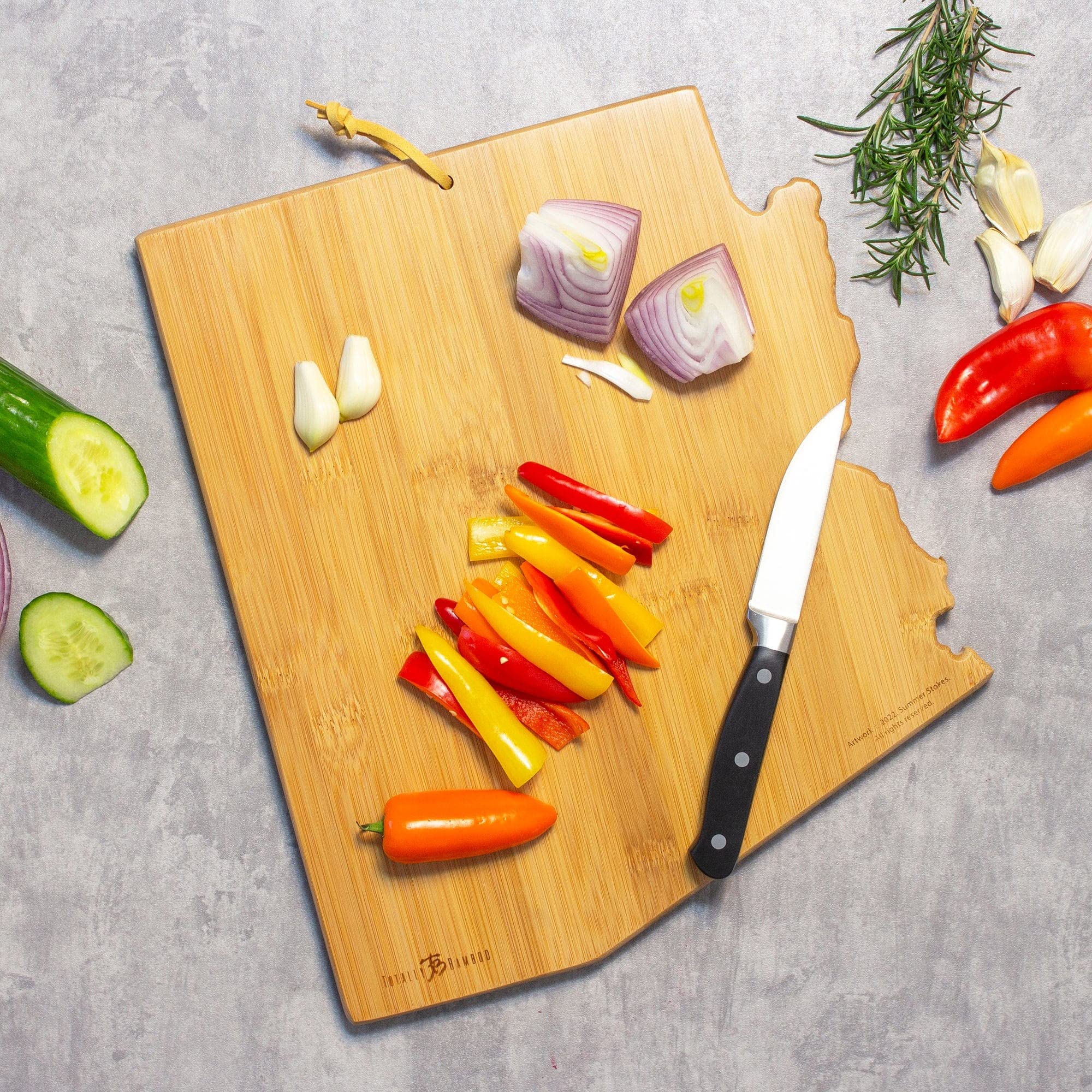 Totally Bamboo Arizona State Shaped Cutting Board and Charcuterie Serving Platter with Artwork by Summer Stokes, Includes Hang Tie for Wall Display