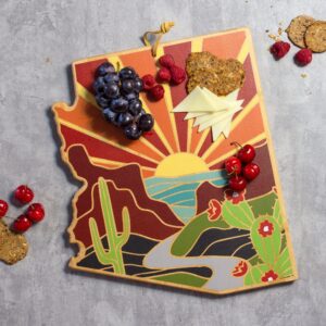 Totally Bamboo Arizona State Shaped Cutting Board and Charcuterie Serving Platter with Artwork by Summer Stokes, Includes Hang Tie for Wall Display