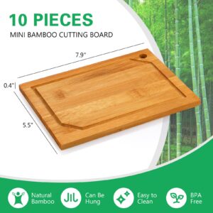 10 Pcs Mini Bamboo Cutting Board Bulk Small Kitchen Bar Wood Chopping Board Wooden Blank Charcuterie Serving Board for Housewarming Gift Baking Painting (Juice Groove Style,7.9 x 5.5 x 0.4 Inch)