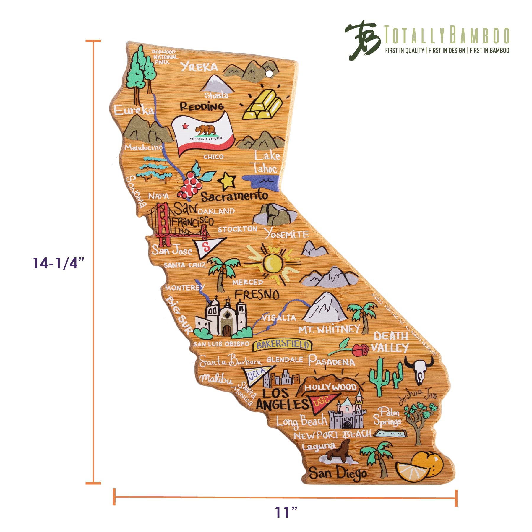 Totally Bamboo California State Shaped Cutting Board and Charcuterie Serving Platter with Artwork by Fish Kiss, Includes Hang Tie for Wall Display