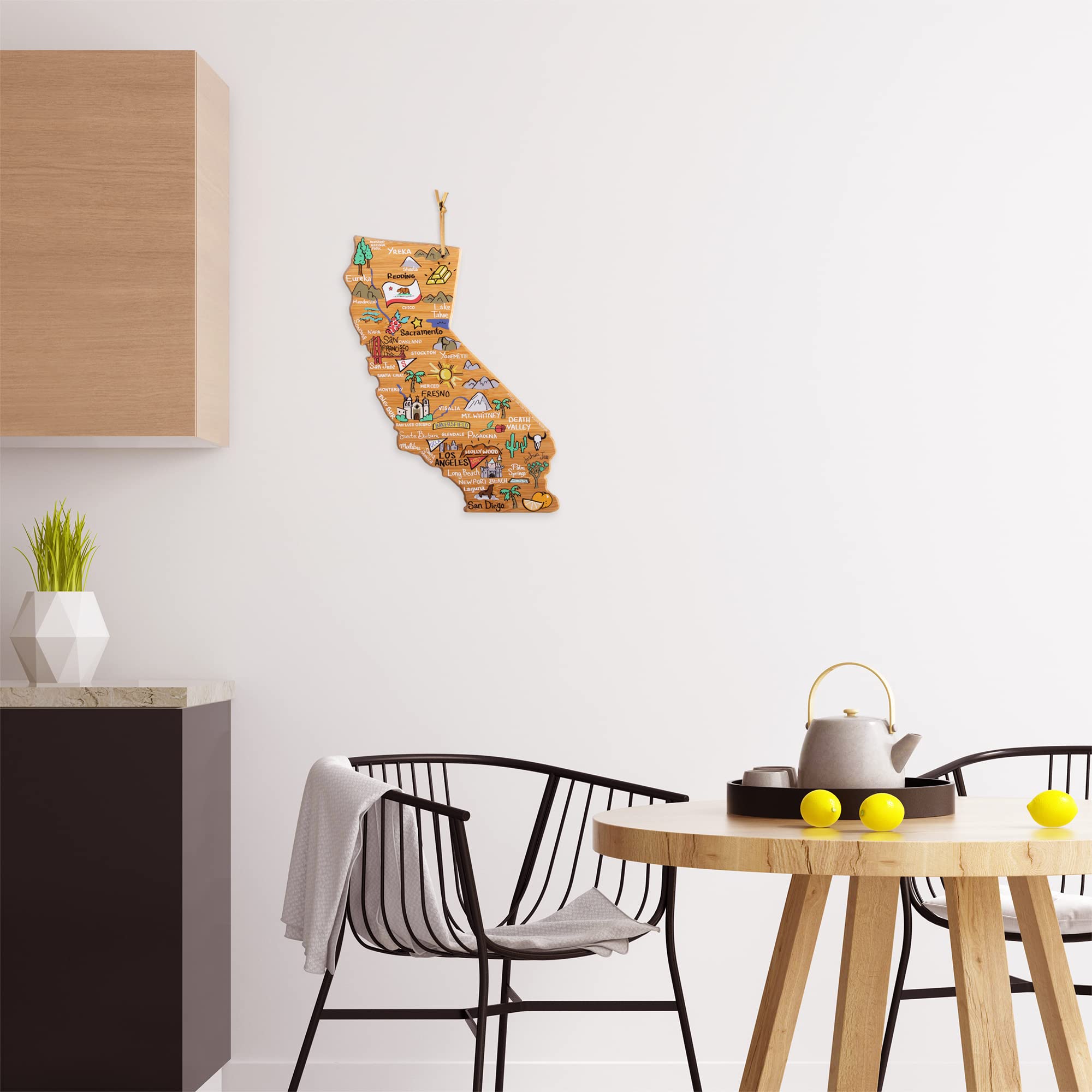 Totally Bamboo California State Shaped Cutting Board and Charcuterie Serving Platter with Artwork by Fish Kiss, Includes Hang Tie for Wall Display