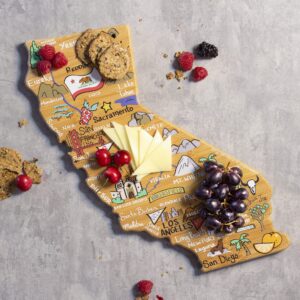 Totally Bamboo California State Shaped Cutting Board and Charcuterie Serving Platter with Artwork by Fish Kiss, Includes Hang Tie for Wall Display