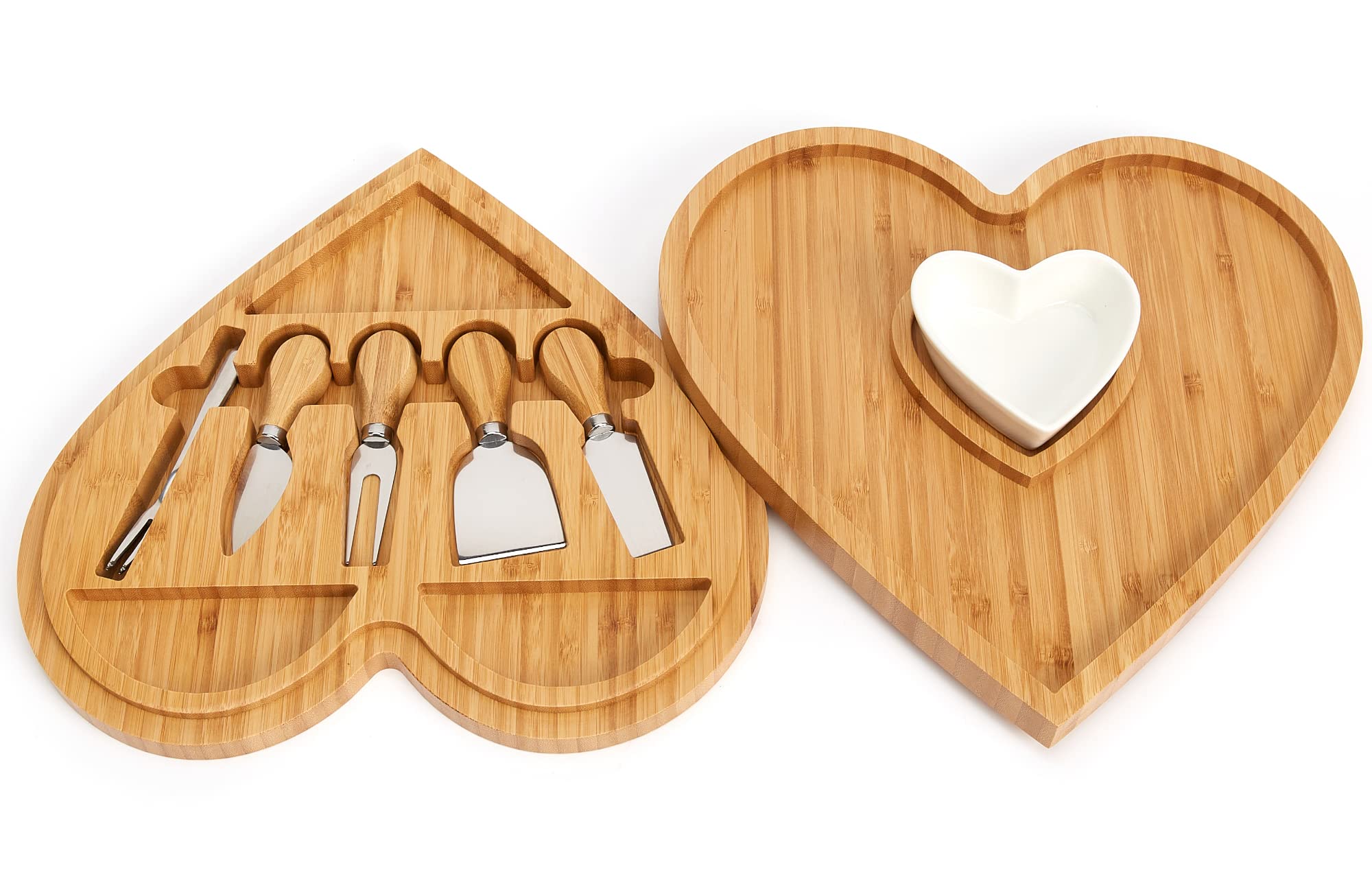 Bamboo Heart Charcuterie Board Set with knife set – Cheese Tray for Serving Cheese, Crackers, and Appetizers at Parties – Best gift for weddings birthdays valentines, anniversaries, and much more