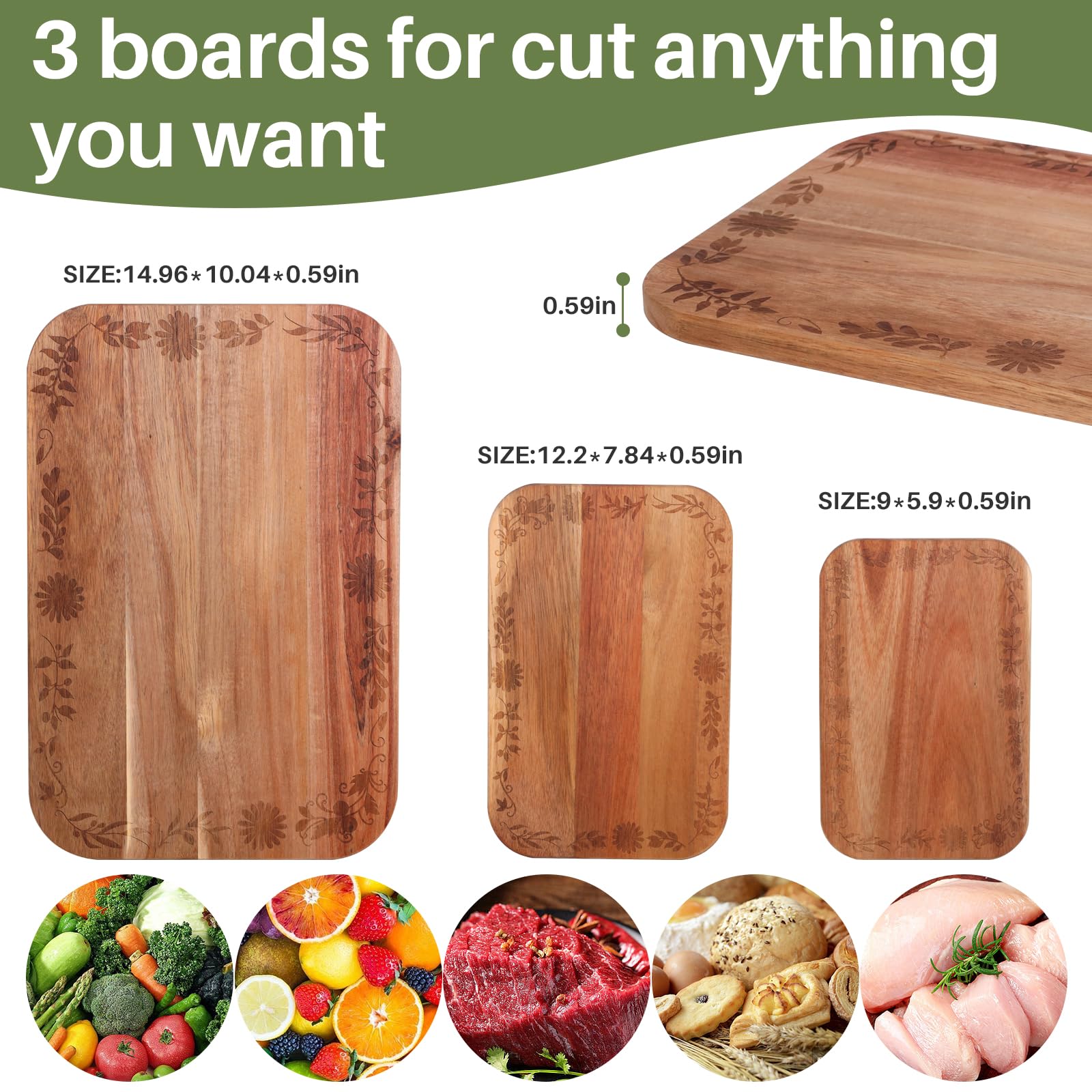 Decorative Cutting Board by Beardo for Kitchen Acacia Cute Wood Cutting Boards Set Large Medium and Small Sizes with Floral