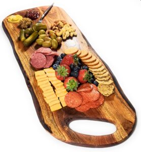 featherlee - extra large premium natural live edge acacia charcuterie cheese board serving and cutting tray with round handle