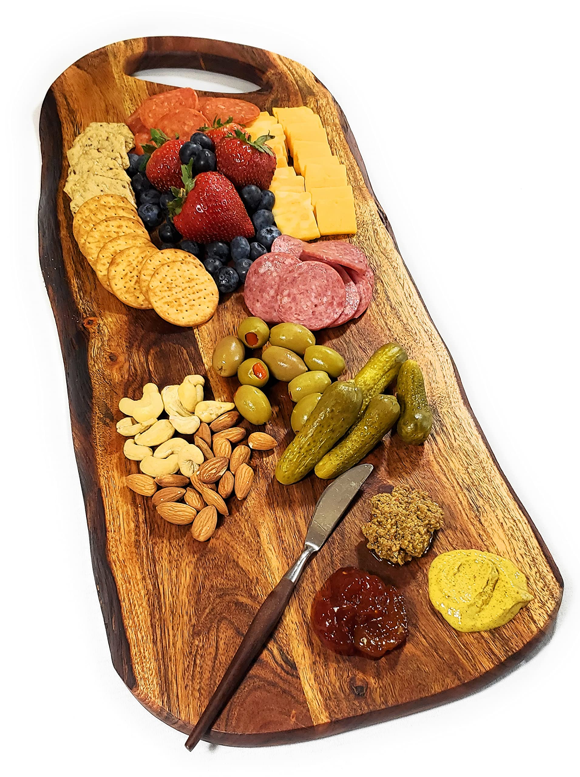 FEATHERLEE - Extra Large Premium Natural Live Edge Acacia Charcuterie Cheese Board Serving and Cutting Tray with Round Handle