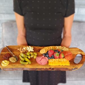 FEATHERLEE - Extra Large Premium Natural Live Edge Acacia Charcuterie Cheese Board Serving and Cutting Tray with Round Handle