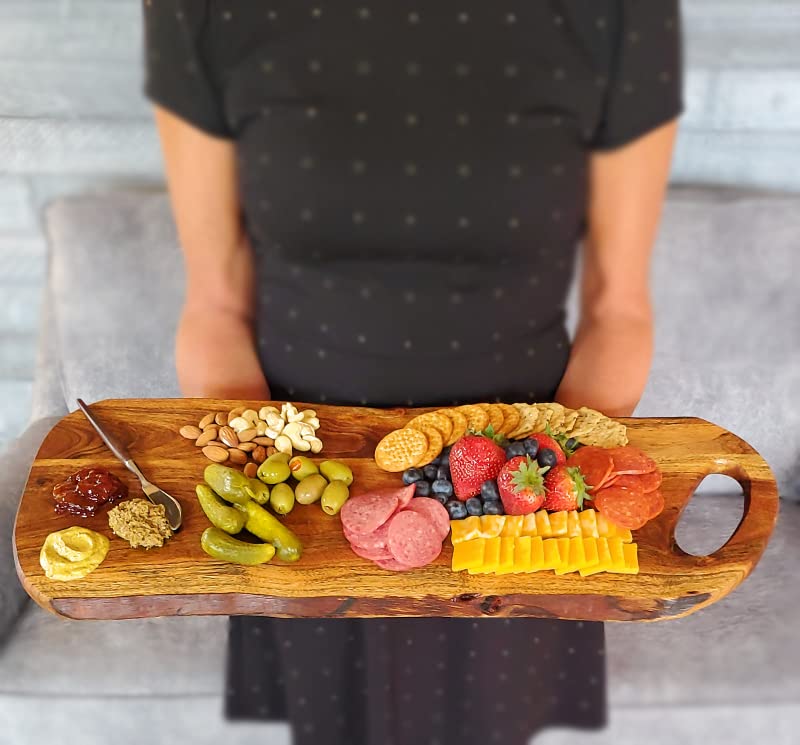 FEATHERLEE - Extra Large Premium Natural Live Edge Acacia Charcuterie Cheese Board Serving and Cutting Tray with Round Handle