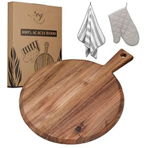 vees goods acacia wood cutting board with handle - kitchen round cutting board set includes glove and towel - great use for pizza, charcuterie, chopping board - size (15.9” x 12.2”)