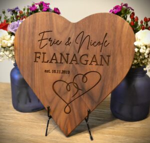 personalized cutting board wedding gift beautifully engraved heart design walnut maple cherry customized bride groom unique display newlywed couple marriage parents anniversary housewarming christmas