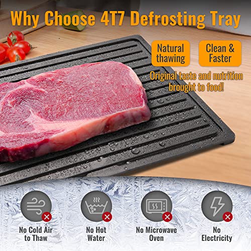 4T7 Defrosting Tray for Frozen Meat Quick Thawing, 8MM Extra Thick Plate Board for Steak Pork Chicken, with Grooves to Catch Drips, Non-Stick Thawing Tray Easy to Clean (Defrosting Tray Only)