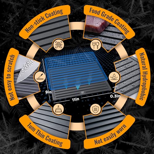 4T7 Defrosting Tray for Frozen Meat Quick Thawing, 8MM Extra Thick Plate Board for Steak Pork Chicken, with Grooves to Catch Drips, Non-Stick Thawing Tray Easy to Clean (Defrosting Tray Only)