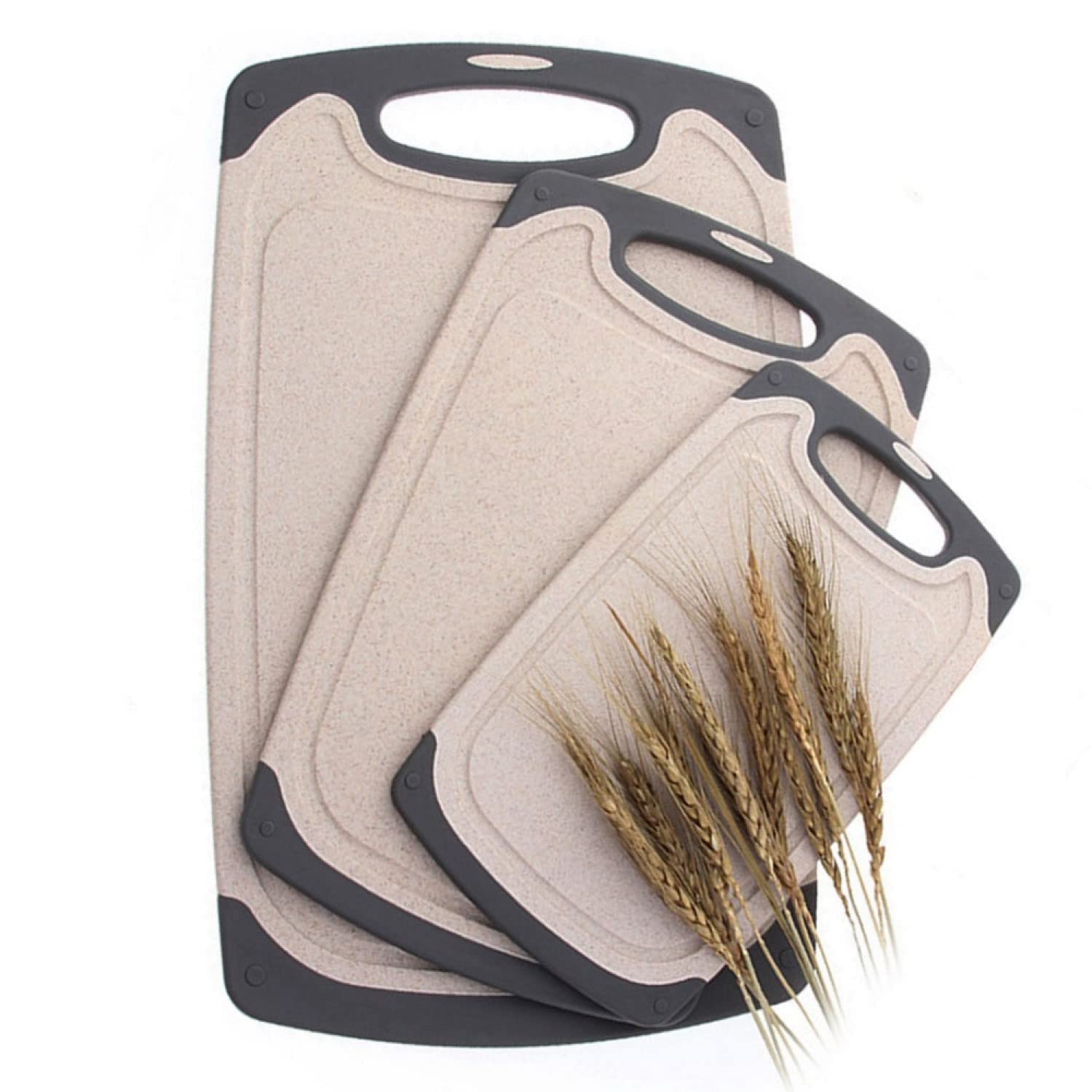 FLYINGSEA Cutting Boards For Kitchen, Anti-Skid Eco-Wheat Straw Cutting Board Set (3 Pcs), Dishwasher Safe (light brown)