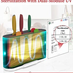 Joymicre Cutting Board and Knife Set with Stand, Cordless UV Sterilization Holder Organizer, 3 Color Coded Cutting Board Set, 3 Knives, Smart Chopping Board Set, Dishwasher Safe, Non slip, White