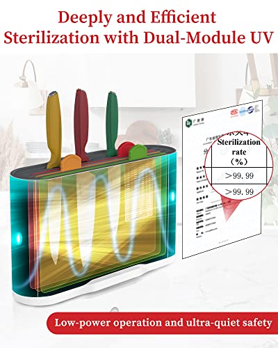 Joymicre Cutting Board and Knife Set with Stand, Cordless UV Sterilization Holder Organizer, 3 Color Coded Cutting Board Set, 3 Knives, Smart Chopping Board Set, Dishwasher Safe, Non slip, White