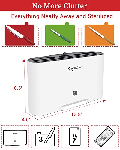 Joymicre Cutting Board and Knife Set with Stand, Cordless UV Sterilization Holder Organizer, 3 Color Coded Cutting Board Set, 3 Knives, Smart Chopping Board Set, Dishwasher Safe, Non slip, White