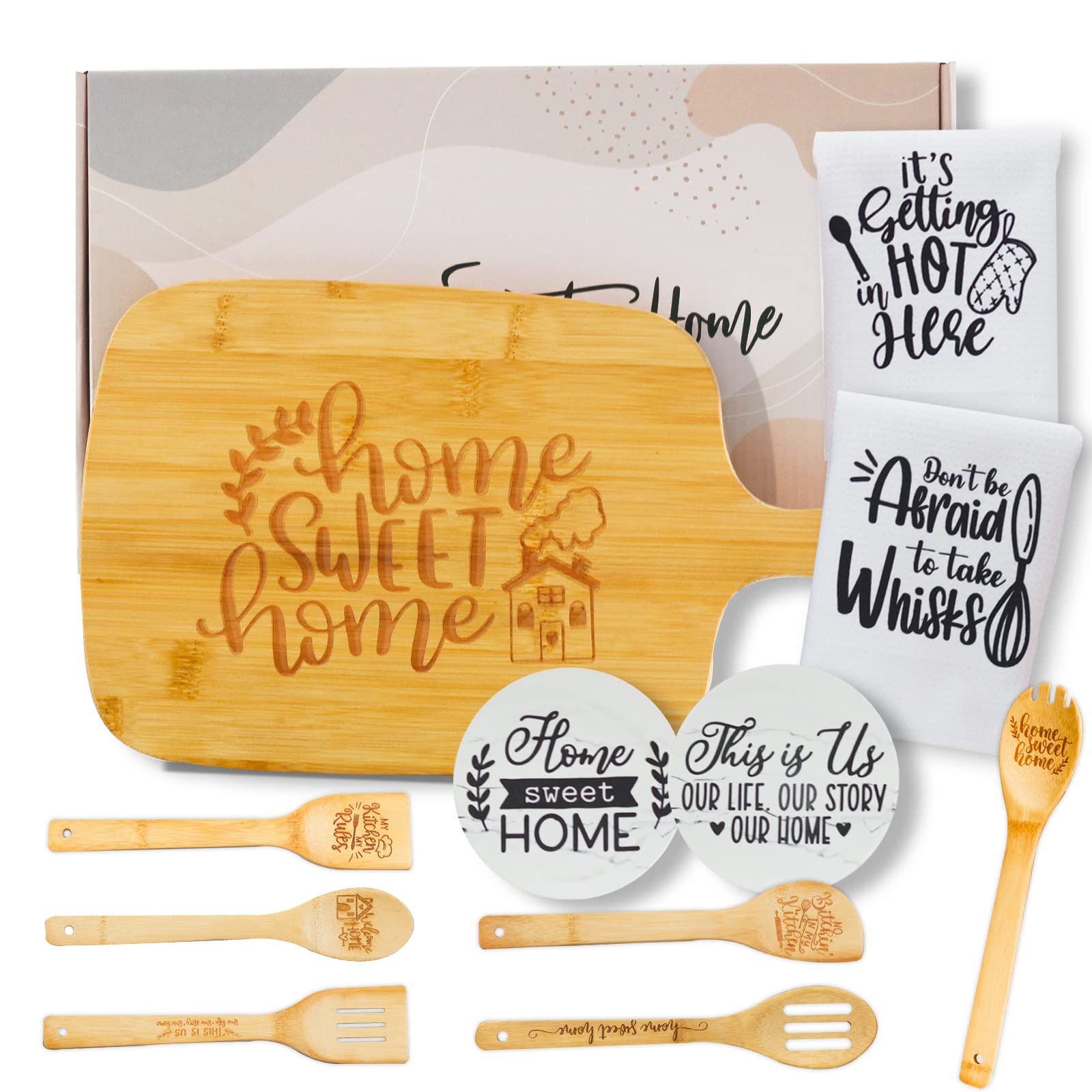 House Warming Gifts New Home,New Home Gifts for Home,House warming Gifts for Couples Women, HouseWarming Gift Kitchen Towels Engraved Board,Cooking Spoon,Coaster